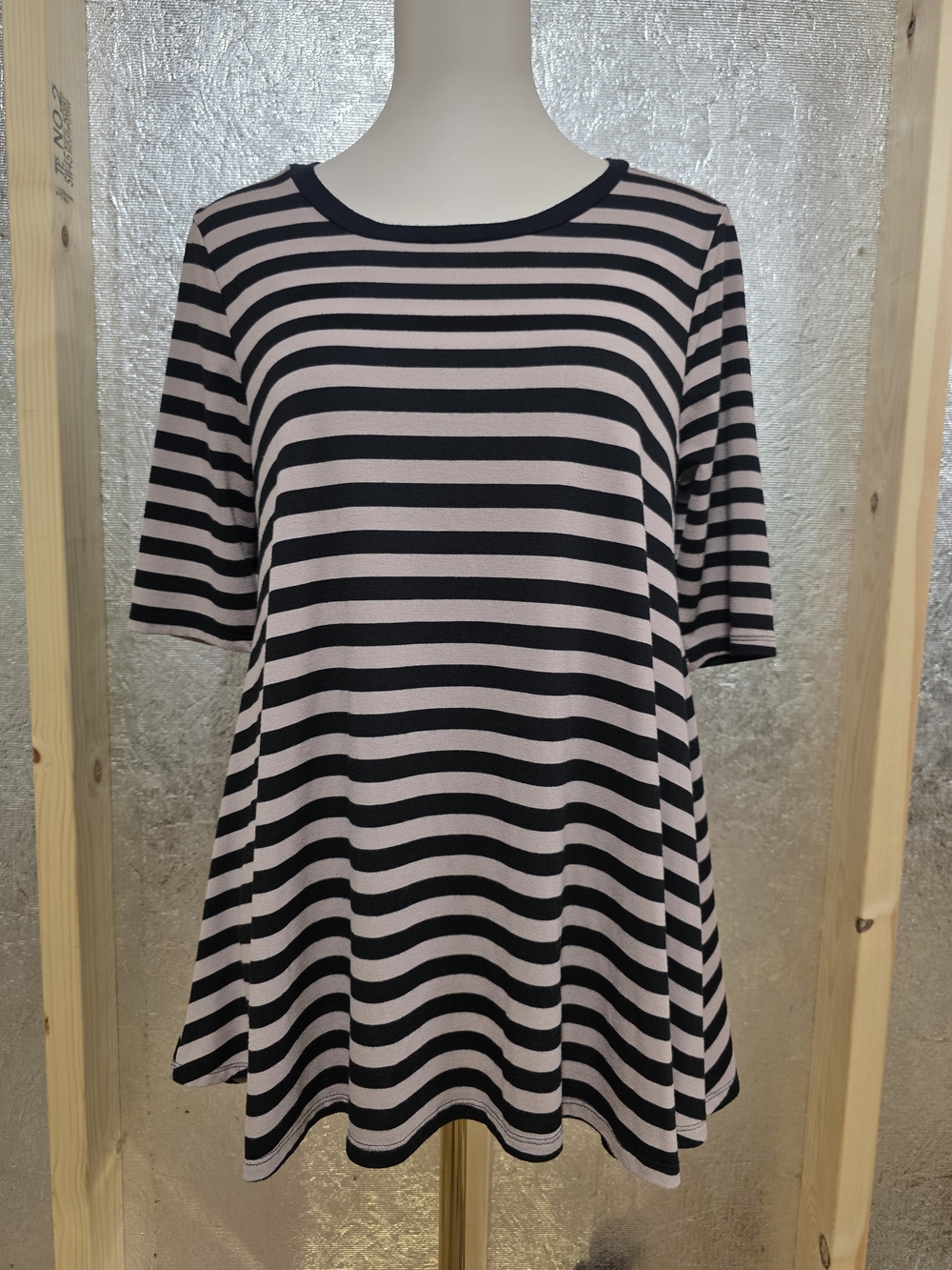 Striped Short-Sleeve Swing Tunic - Tan and Black Medium